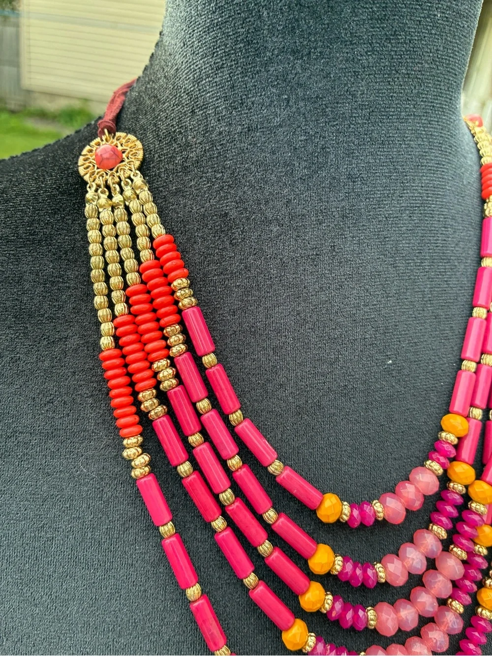 Multistrand Pink & Red Beaded Statement Necklace with Gold Accents
